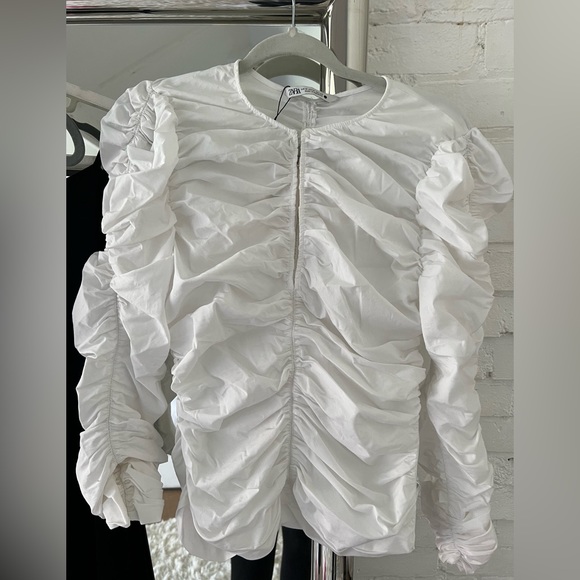 90s Zara White Long Sleeve Blouse Print